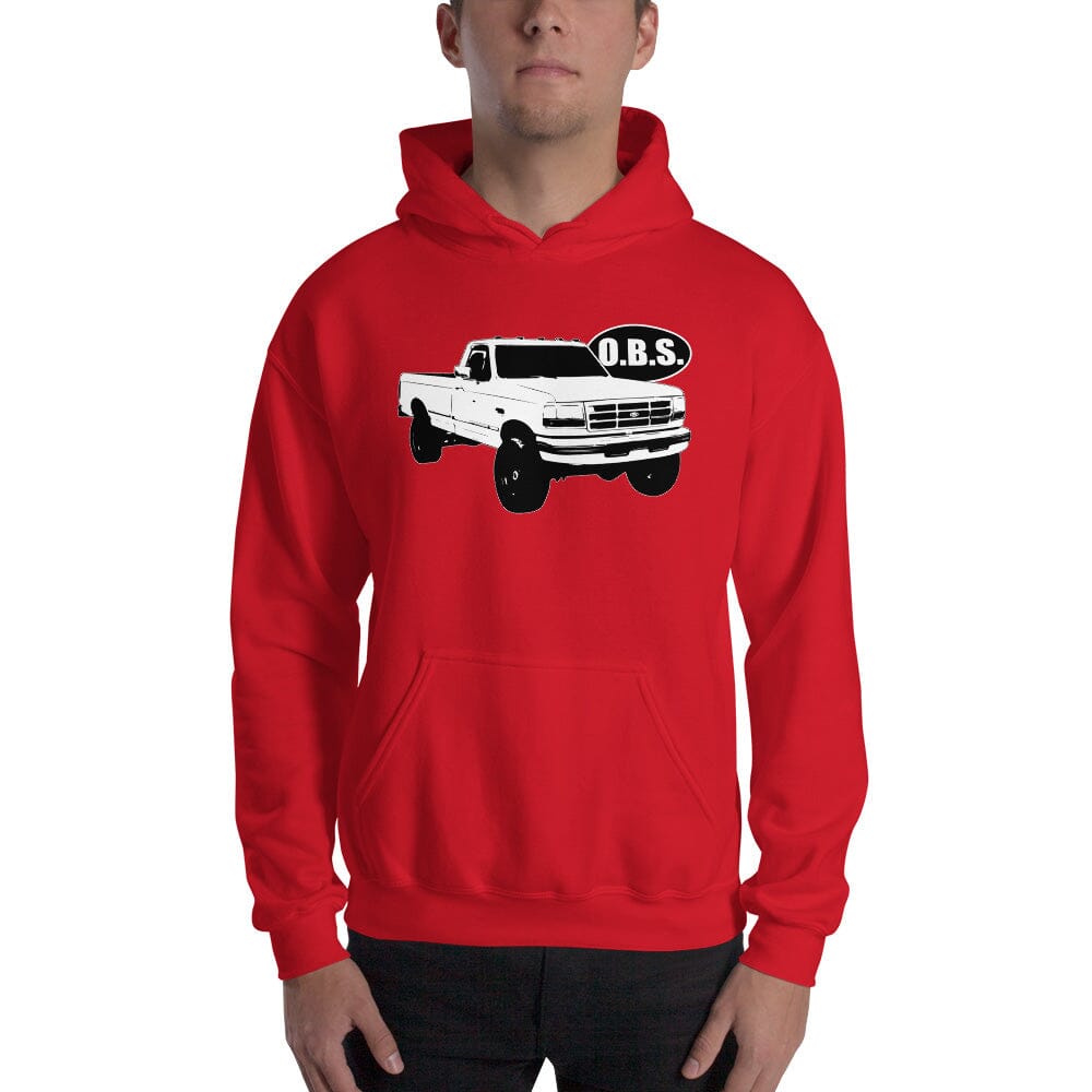 Man Posing In OBS Ford Super Duty Hoodie From Aggressive Thread - Color Red