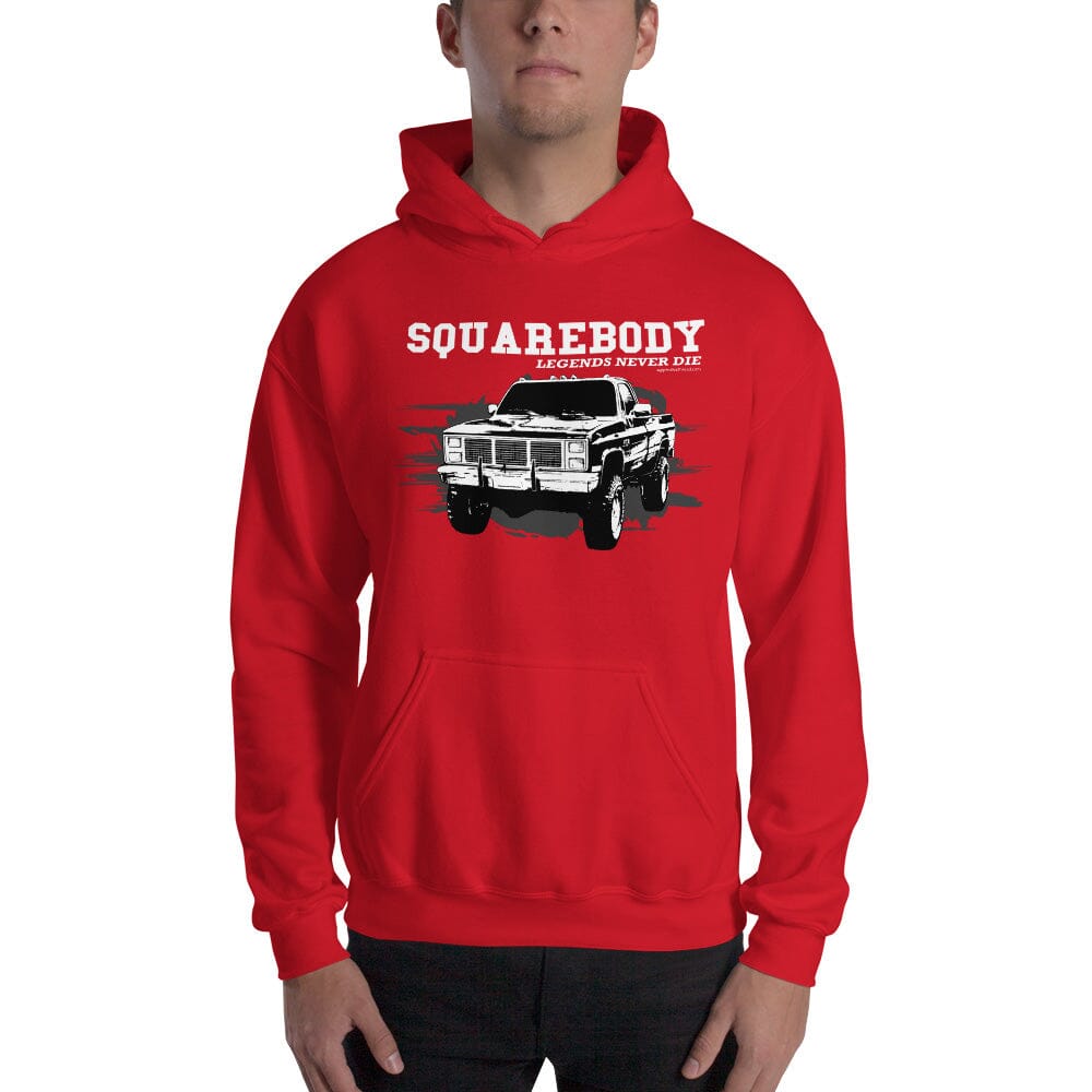 Man Posing in Square Body Hoodie Legends Never Die From Aggressive Thread - Color Red