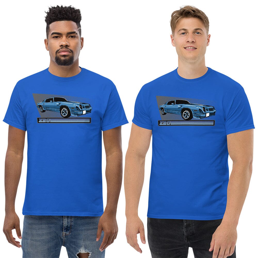 Men Posing In 2nd Gen Z28 Camaro T-Shirt From Aggressive Thread - Color Blue