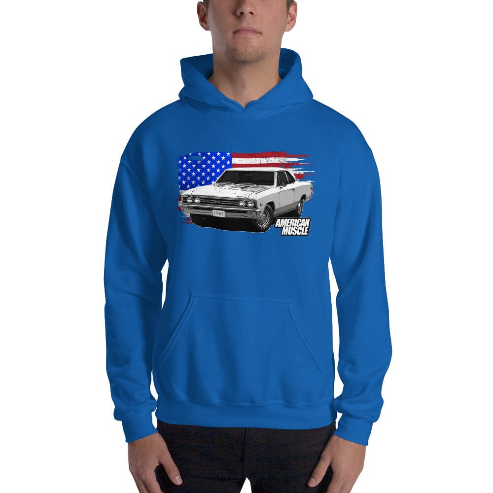Man posing in 1967 Chevelle Hoodie With American Flag From Aggressive Thread. Color Blue