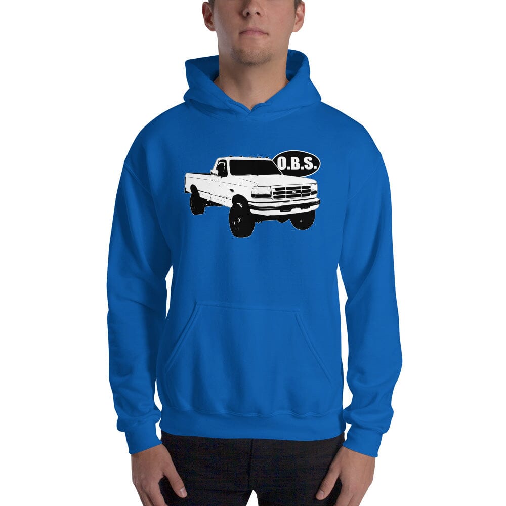 Man Posing In OBS Ford Super Duty Hoodie From Aggressive Thread - Color Blue