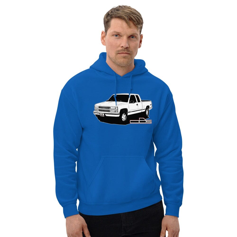 Man Wearing OBS Chevy Truck Hoodie Shirt From Aggressive Thread Truck Apparel - Color Blue