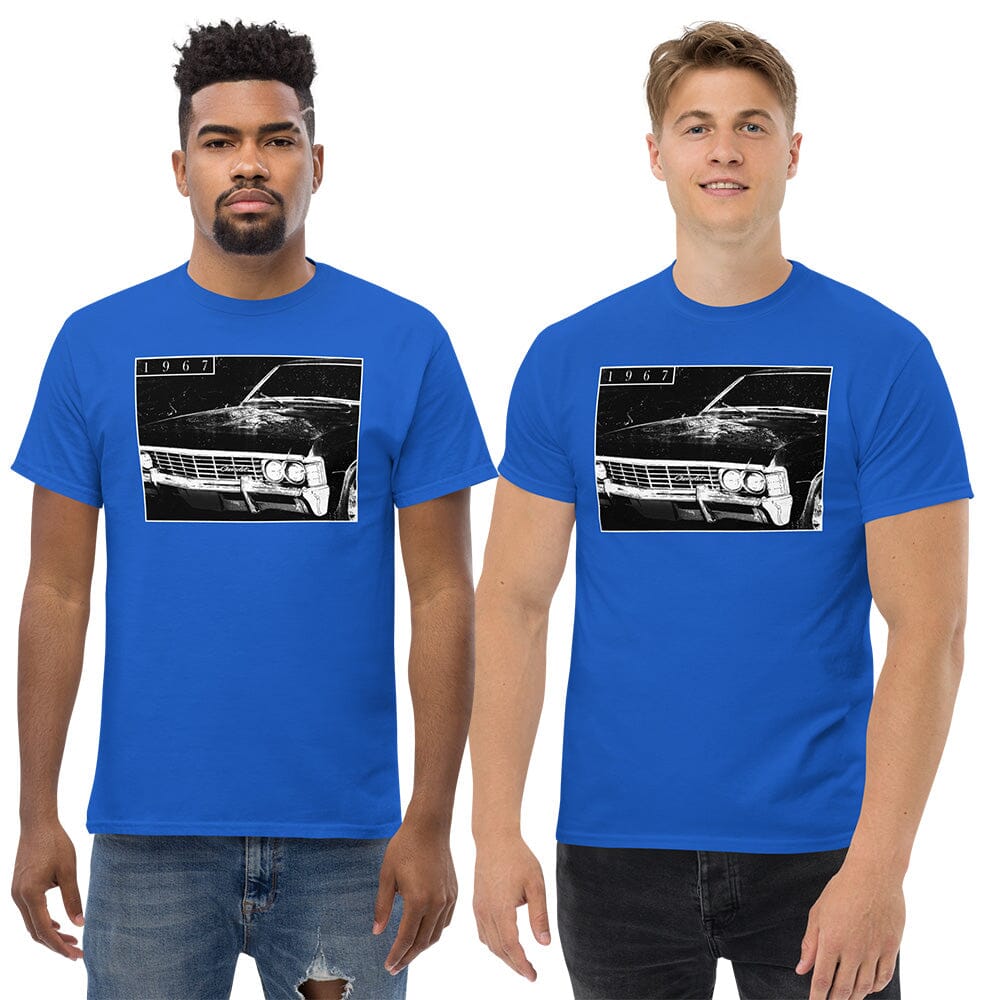 Men Wearing 1967 Chevrolet Impala T-Shirt From Aggressive Thread - Color Blue