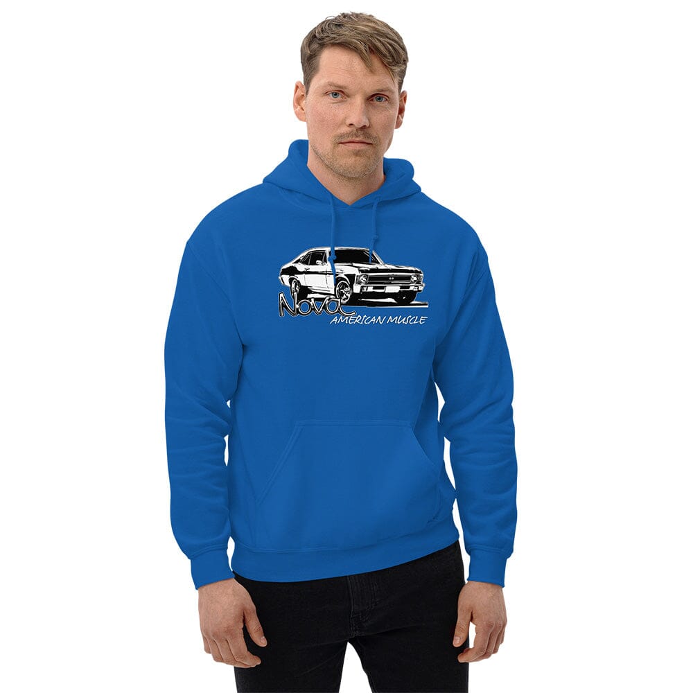 Man posing in 68-72 Nova Hoodie From Aggressive Thread - Color Blue