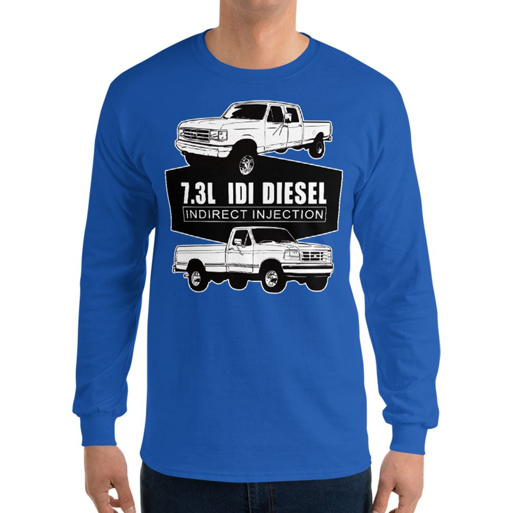 man wearing a 7.3 IDI Diesel Truck long sleeve Shirt in blue