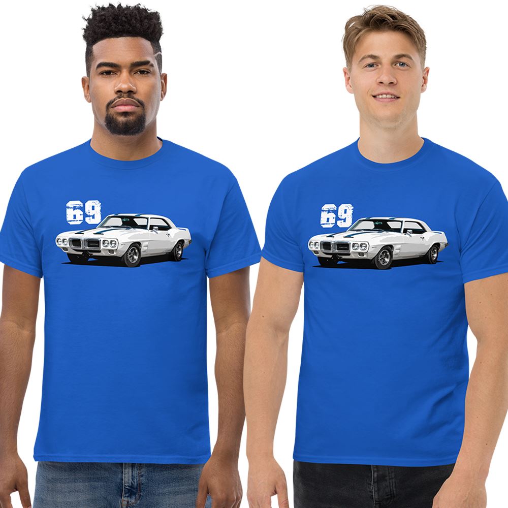 Men wearing a 69 Firebird Trans Am T-Shirt in blue From Aggressive Thread