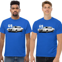 Thumbnail for Men wearing a 69 Firebird Trans Am T-Shirt in blue From Aggressive Thread