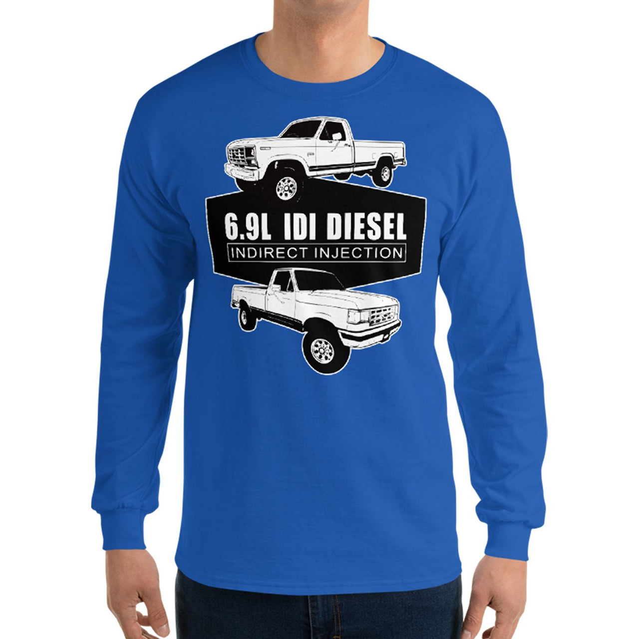 man wearing a 6.9 IDI Diesel Truck long sleeve Shirt in blue