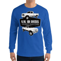 Thumbnail for man wearing a 6.9 IDI Diesel Truck long sleeve Shirt in blue