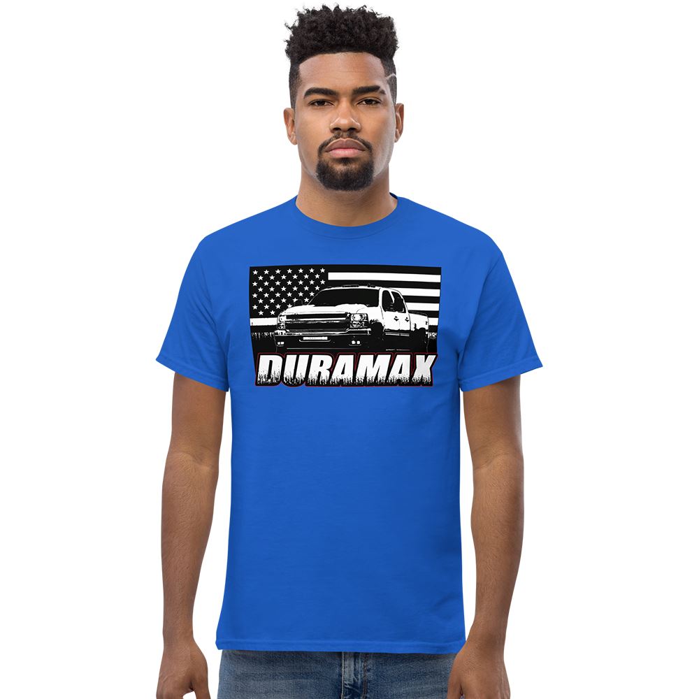 Man Wearing a Duramax T-Shirt in Royal blue | Aggressive Thread Diesel Truck Apparel