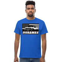Thumbnail for Man Wearing a Duramax T-Shirt in Royal blue | Aggressive Thread Diesel Truck Apparel