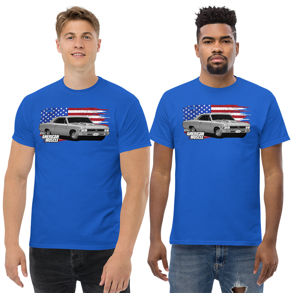 Men modeling 1966 Chevelle SS T-Shirt in blue From Aggressive Thread