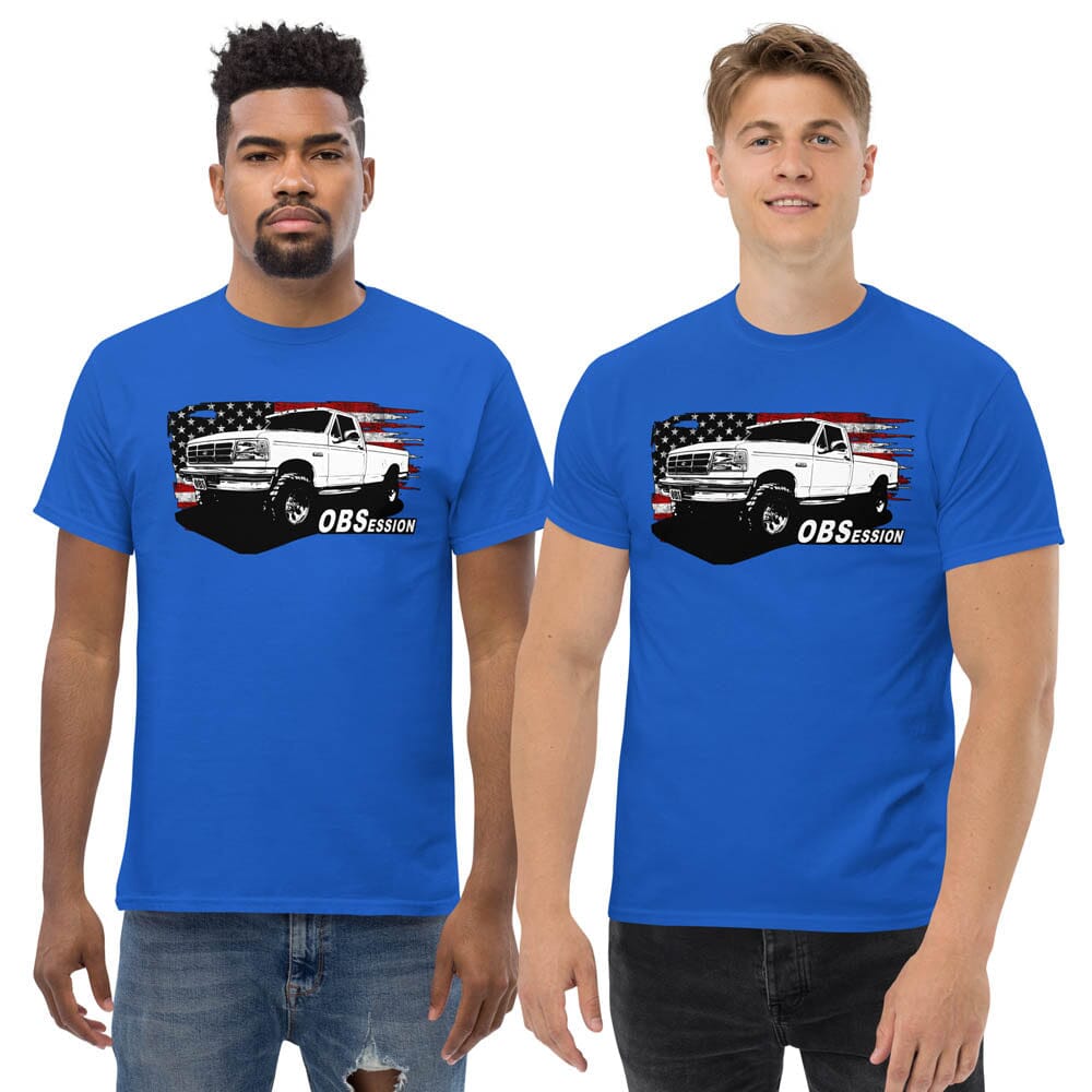 Men Posing in OBS Ford F250 Single Cab T-Shirt From Aggressive Thread - Color Blue