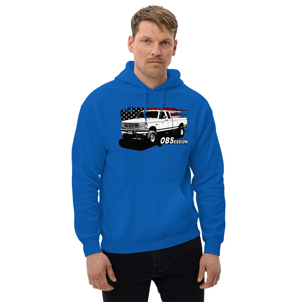 Man Posing In OBS Extended Cab F250 Hoodie From Aggressive Thread - Color Blue