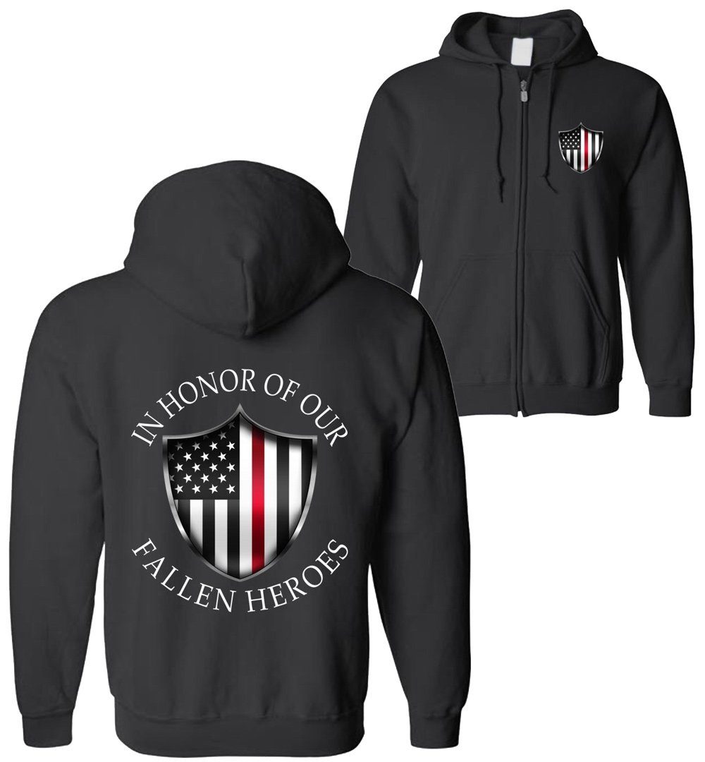 In Honor Of Our Fallen Fireman ZIP-UP Hoodie Sweatshirt | Thin Red Line American Flag Hoodie | Aggressive Thread Patriotic Apparel