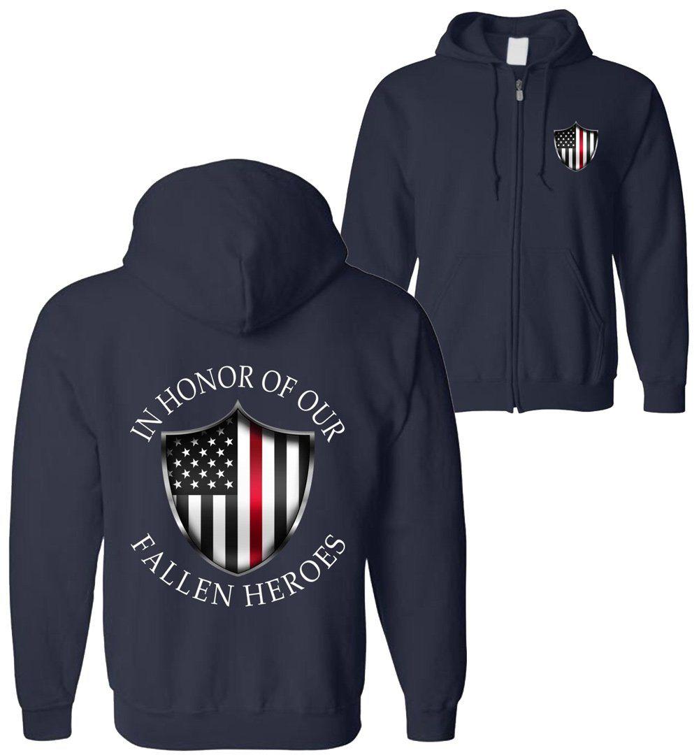 In Honor Of Our Fallen Fireman ZIP-UP Hoodie Sweatshirt | Thin Red Line American Flag Hoodie | Aggressive Thread Patriotic Apparel