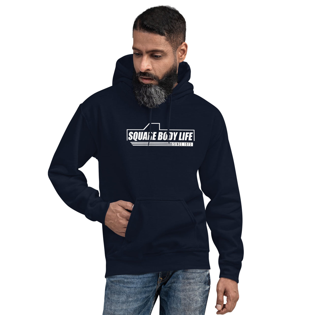 Man Wearing a Square Body Hoodie In Navy From Aggressive Thread