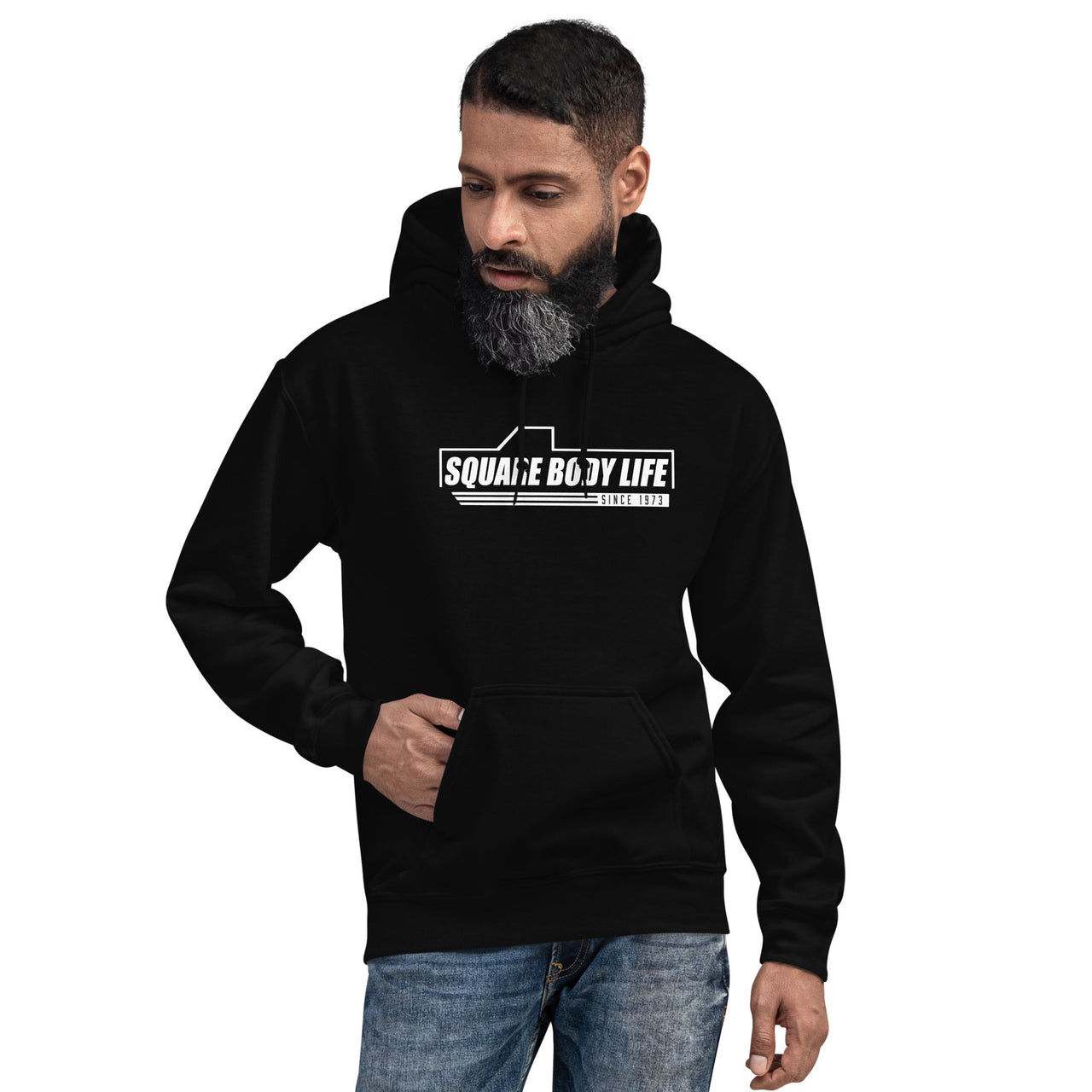 Man Wearing a Square Body Hoodie In Black From Aggressive Thread
