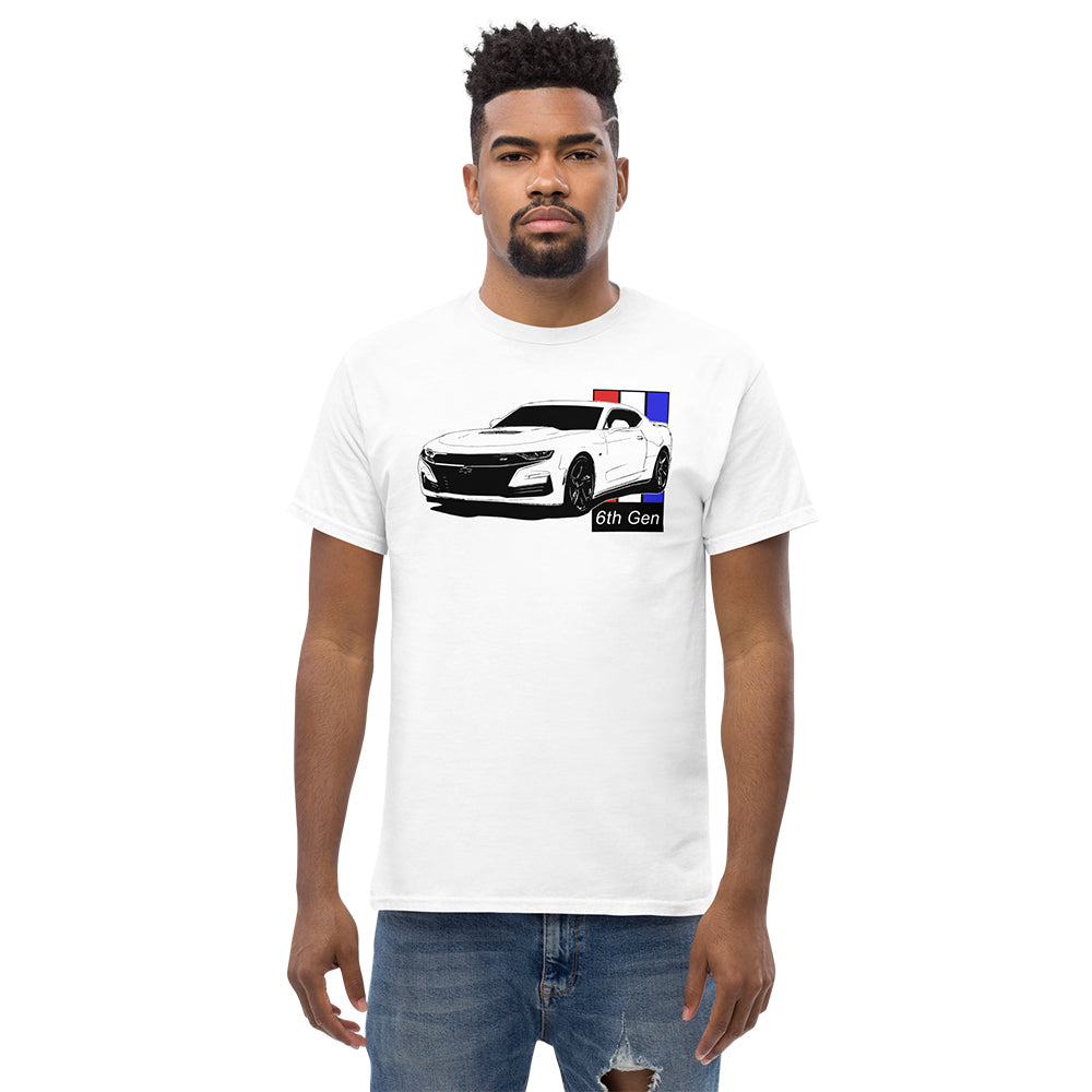 colored man wearing a 6th Gen Camaro T-Shirt in white