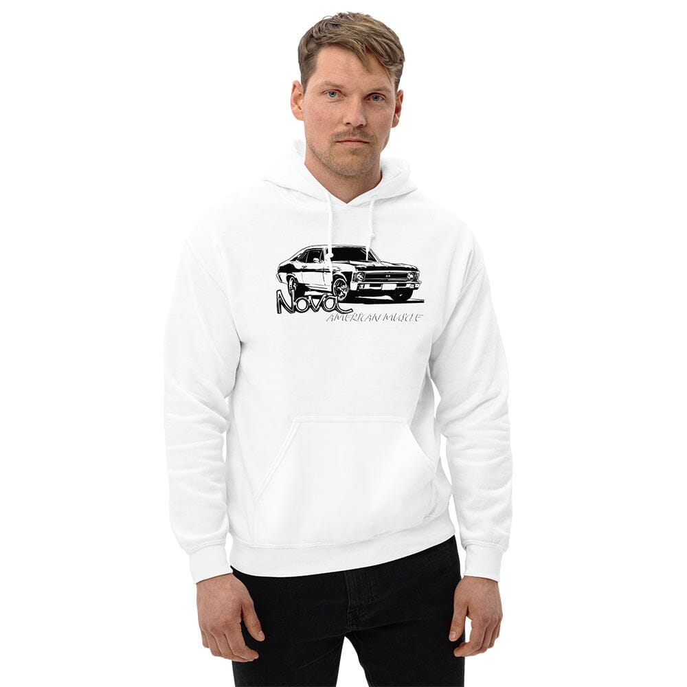 Man posing in 68-72 Nova Hoodie From Aggressive Thread - Color White