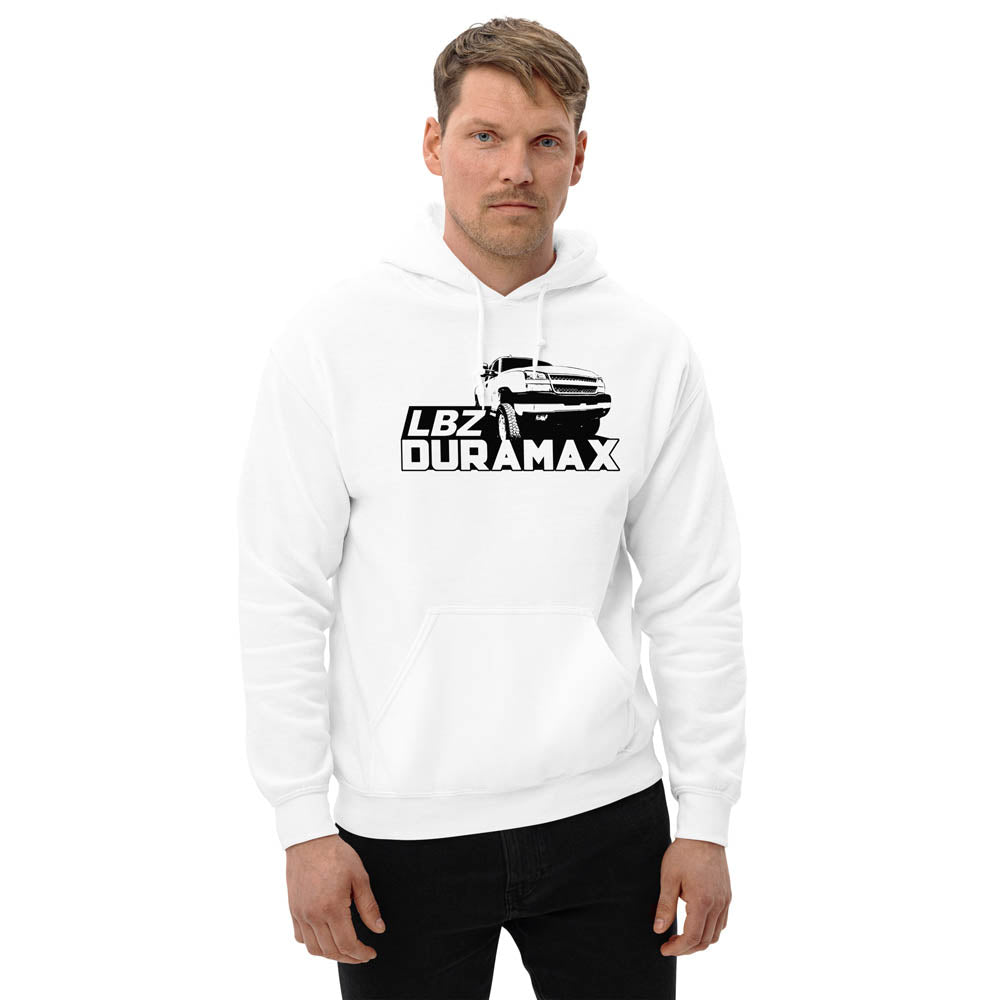 man modeling LBZ Duramax Truck Hoodie in white | Aggressive Thread