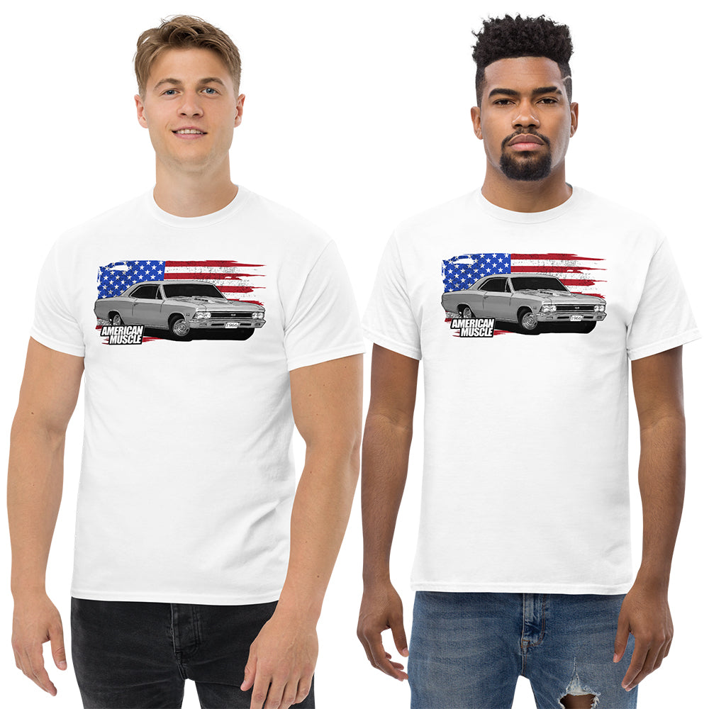 Men modeling 1966 Chevelle SS T-Shirt in white From Aggressive Thread