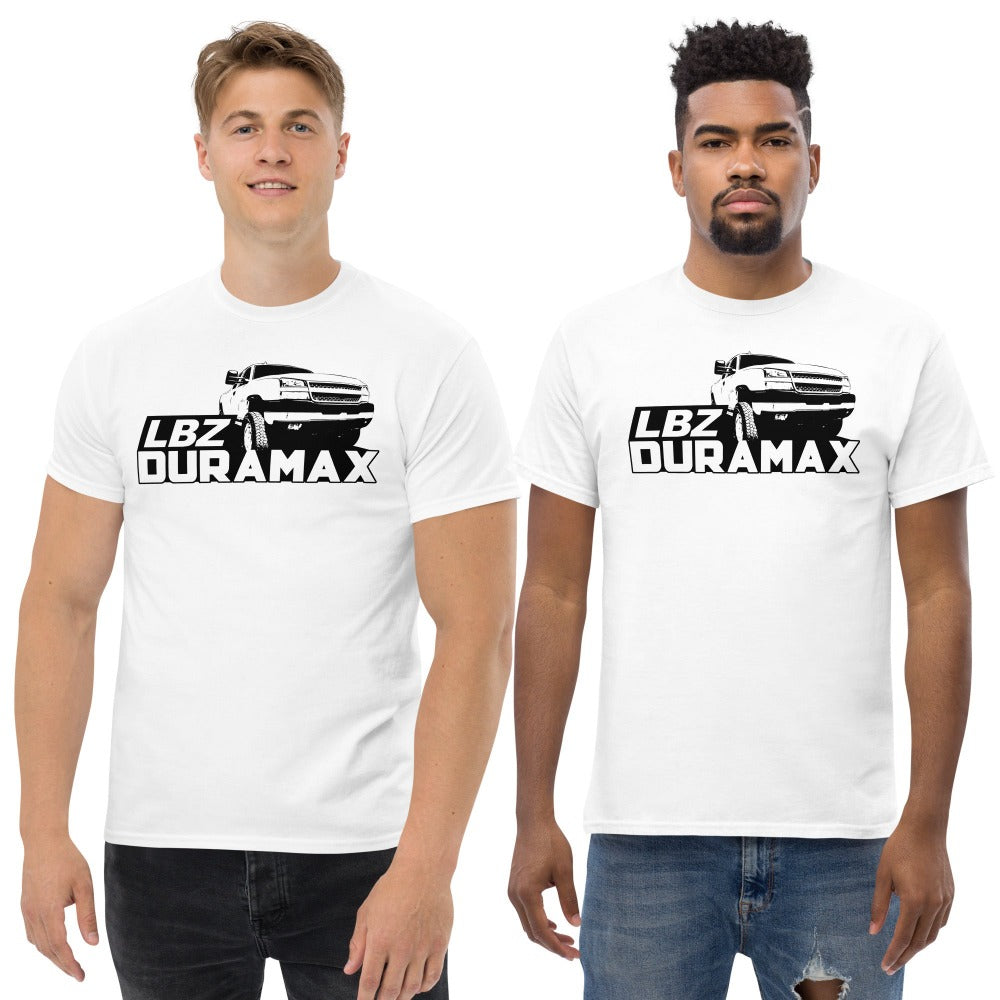 men modeling LBZ Duramax Truck T-Shirt in white | aggressive thread