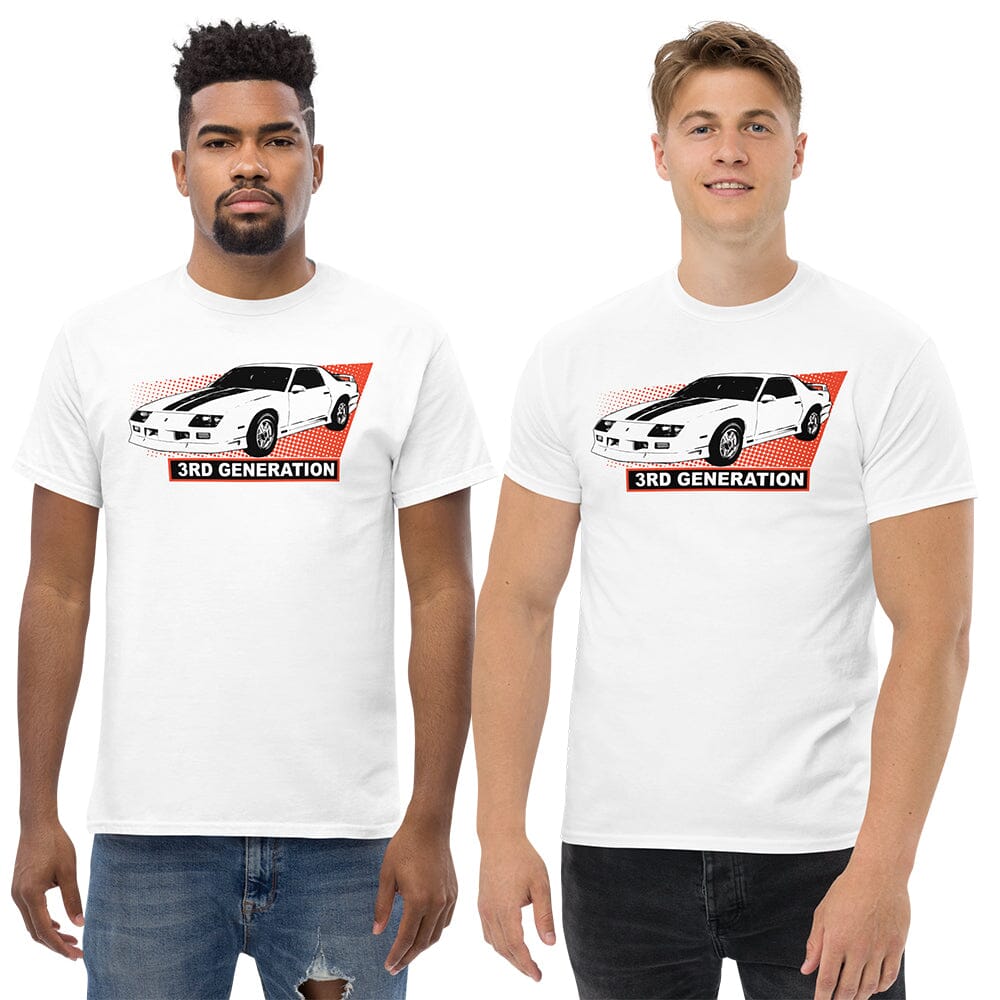 Men Wearing the 3rd gen Camaro T-Shirt in White From Aggressive Thread