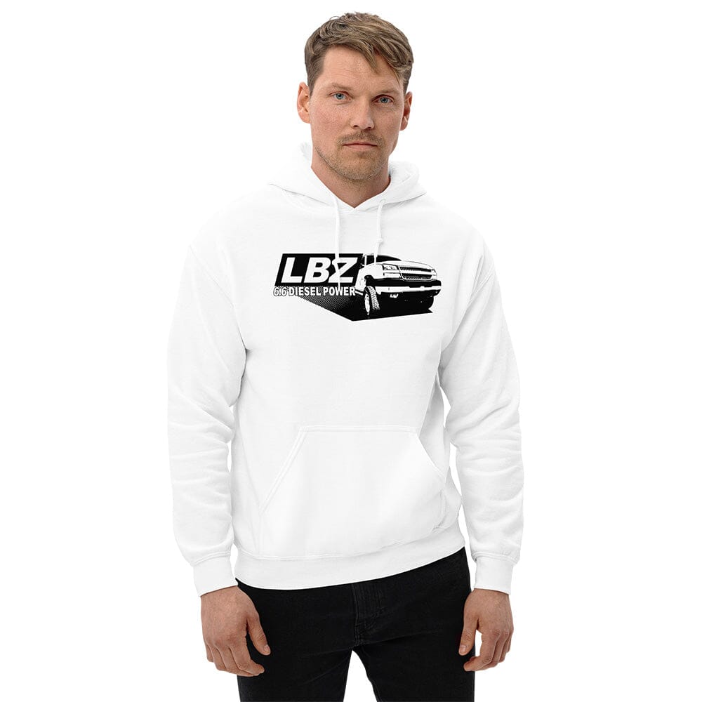 Man Posing In LBZ Duramax Hoodie From Aggressive Thread - Color White