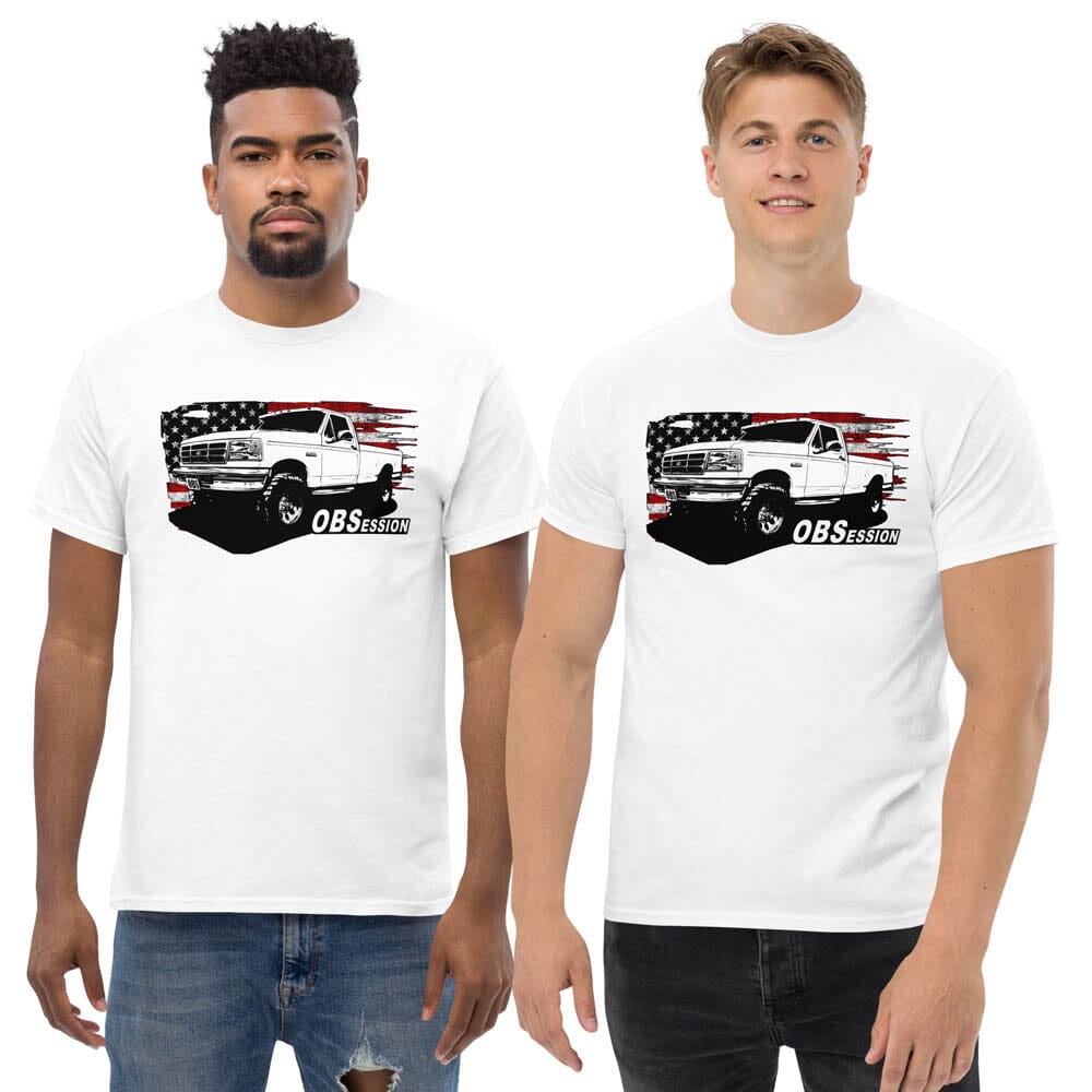 Men Posing in OBS Ford F250 Single Cab T-Shirt From Aggressive Thread - Color White
