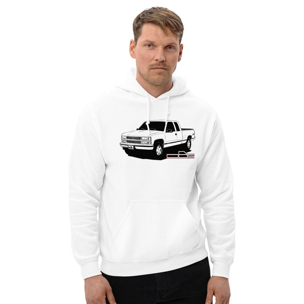Man Wearing OBS Chevy Truck Hoodie Shirt From Aggressive Thread Truck Apparel - Color White