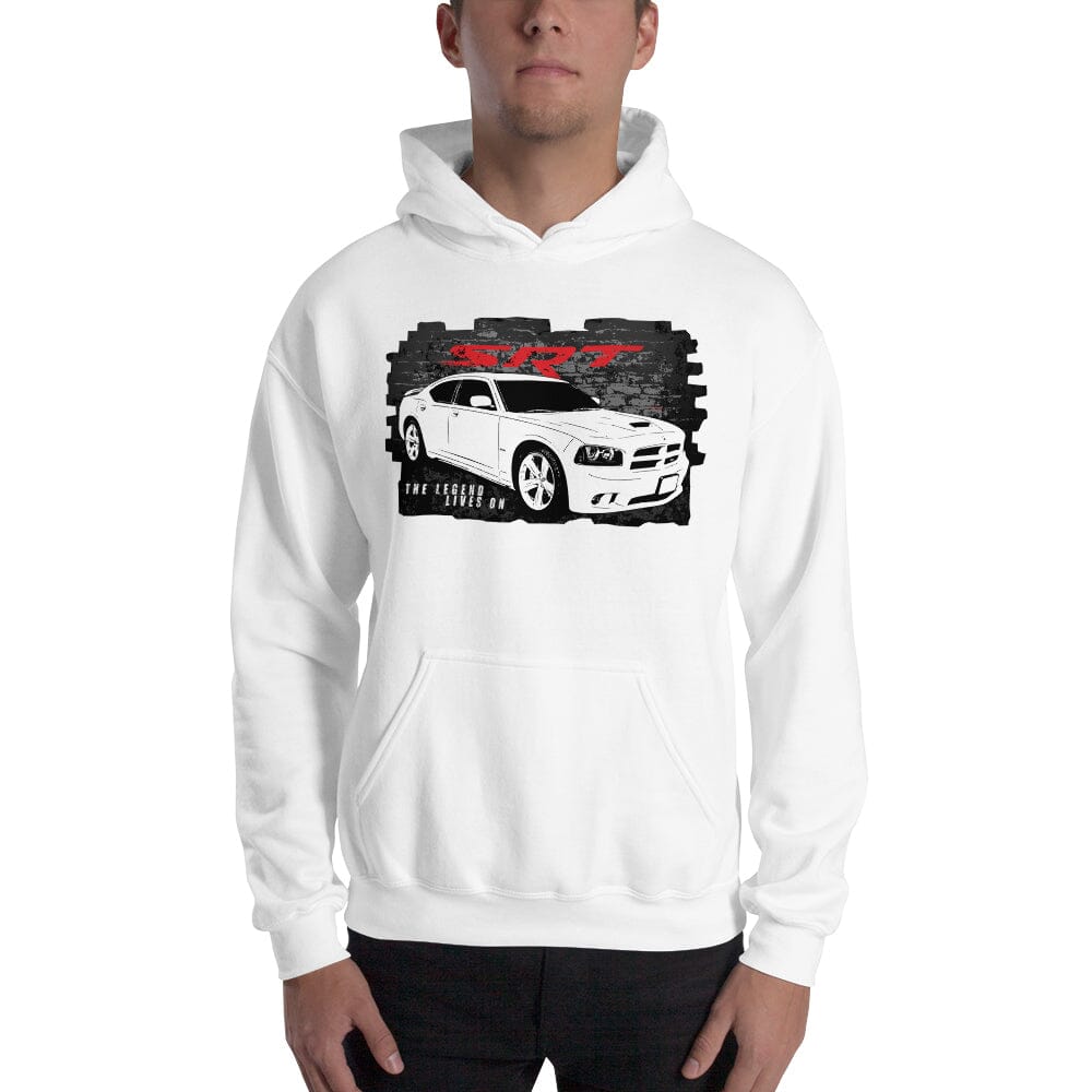 Man Wearing a 2006-2010 Dodge Charger SRT8 Hoodie From Aggressive Thread - White