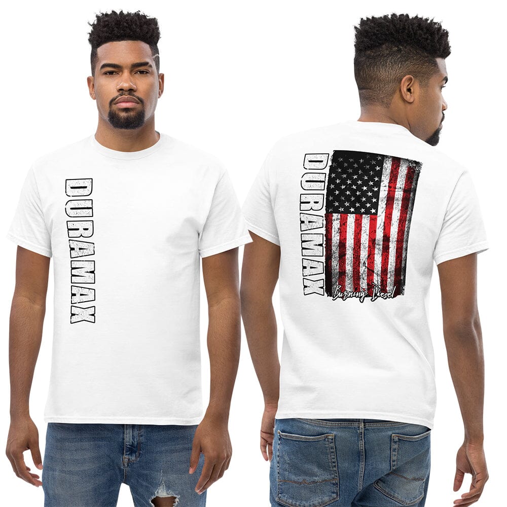man Wearing a Duramax T-Shirt With American Flag From Aggressive Thread in Black - Front And Back View in white