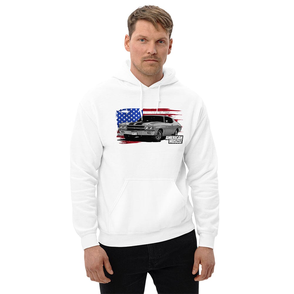 Man Wearing a 1970 Chevrolet Chevelle Sweatshirt Hoodie From Aggressive Thread - White