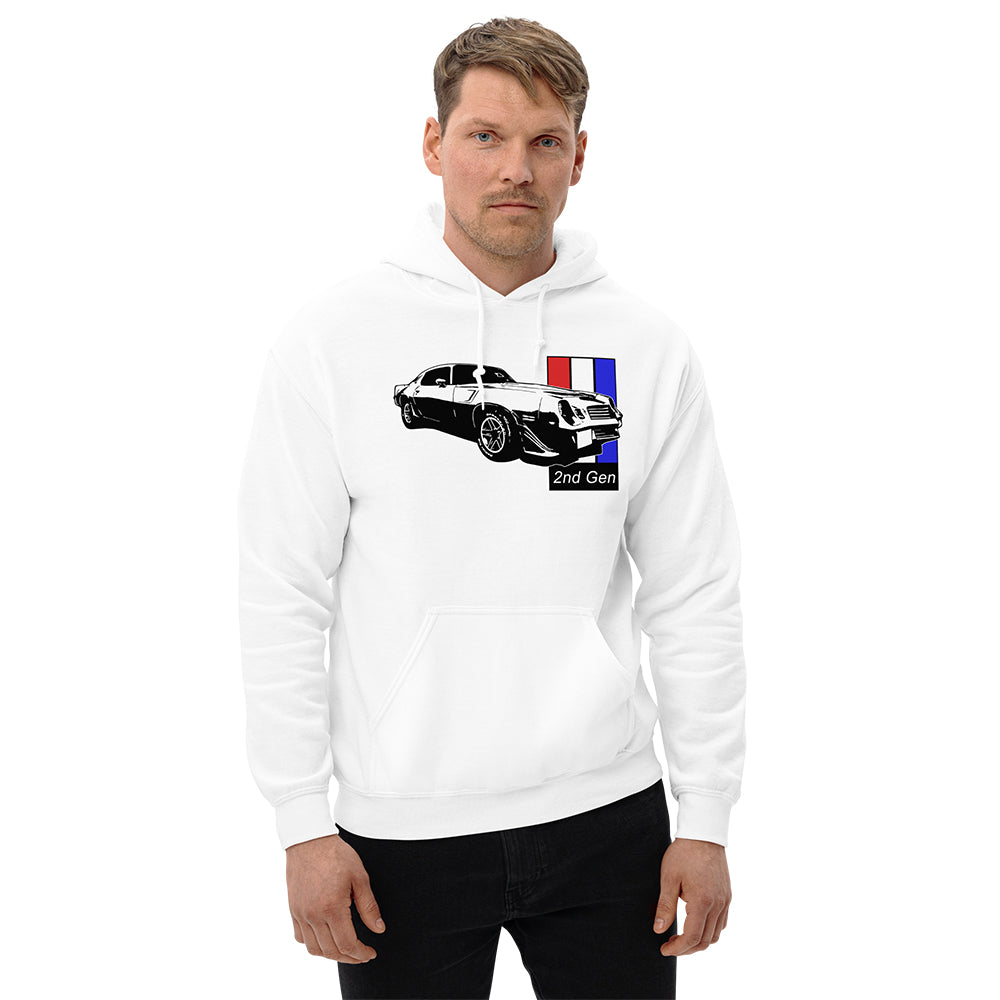 Man wearing a Second Gen Camaro Hoodie in White From Aggressive Thread Muscle Car Apparel