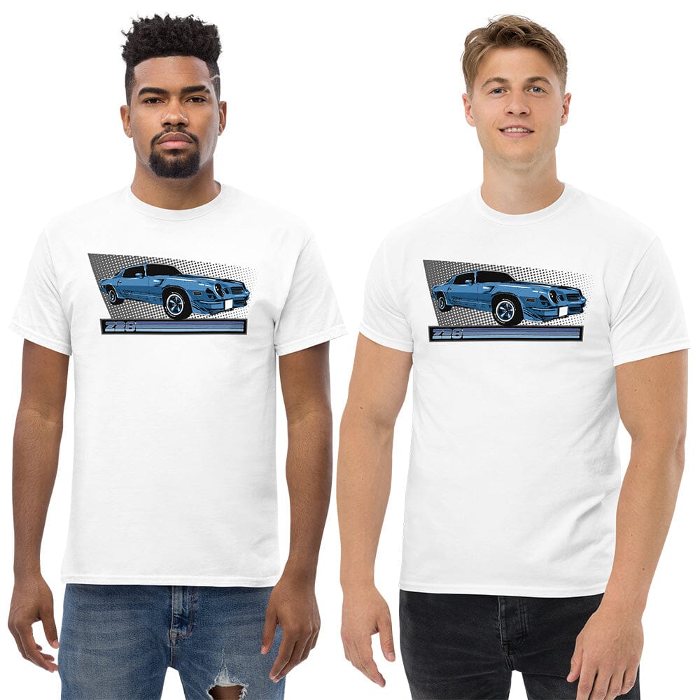 Men Posing In 2nd Gen Z28 Camaro T-Shirt From Aggressive Thread - Color White