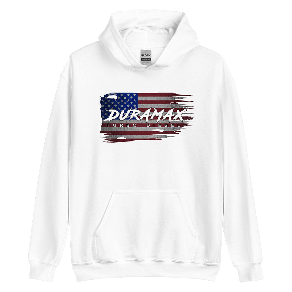 Duramax American Flag Hoodie in White From Aggressive Thread