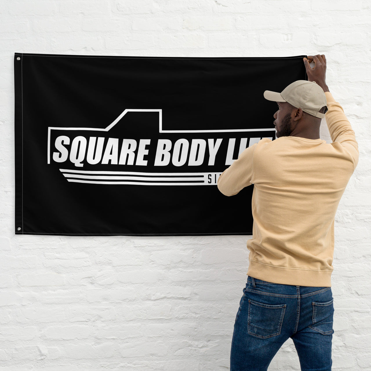 man hanging Square body Life Flag