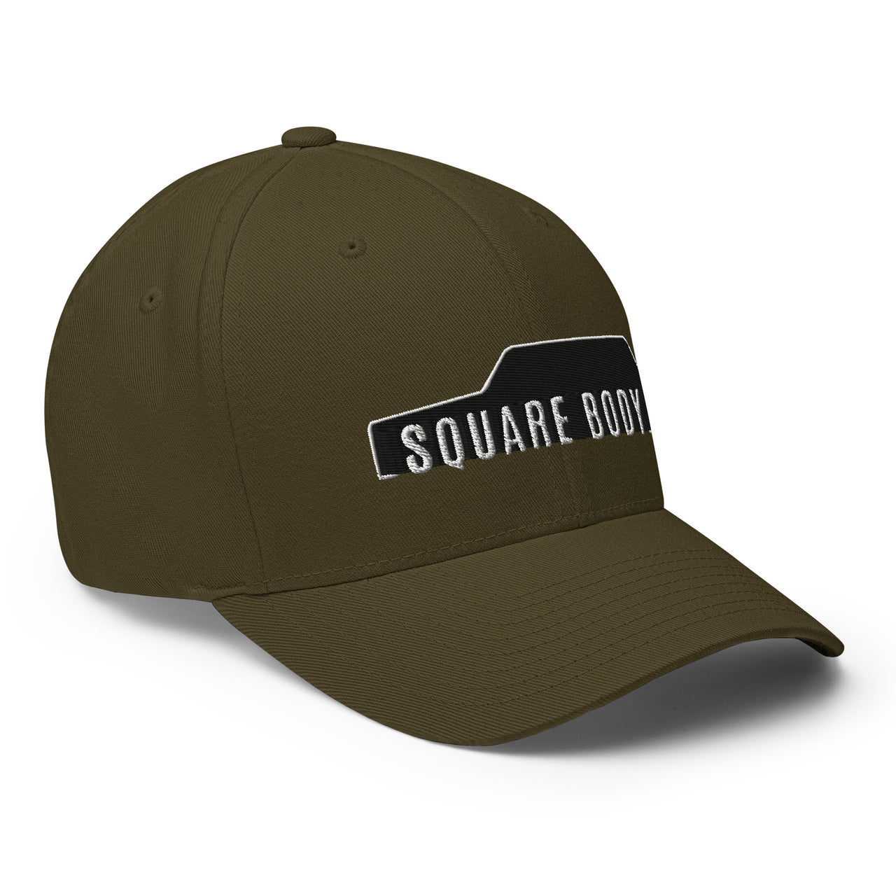 3/4 view of Man wearing a K5 Blazer Square Body Hat From Aggressive Thread in Olive Green
