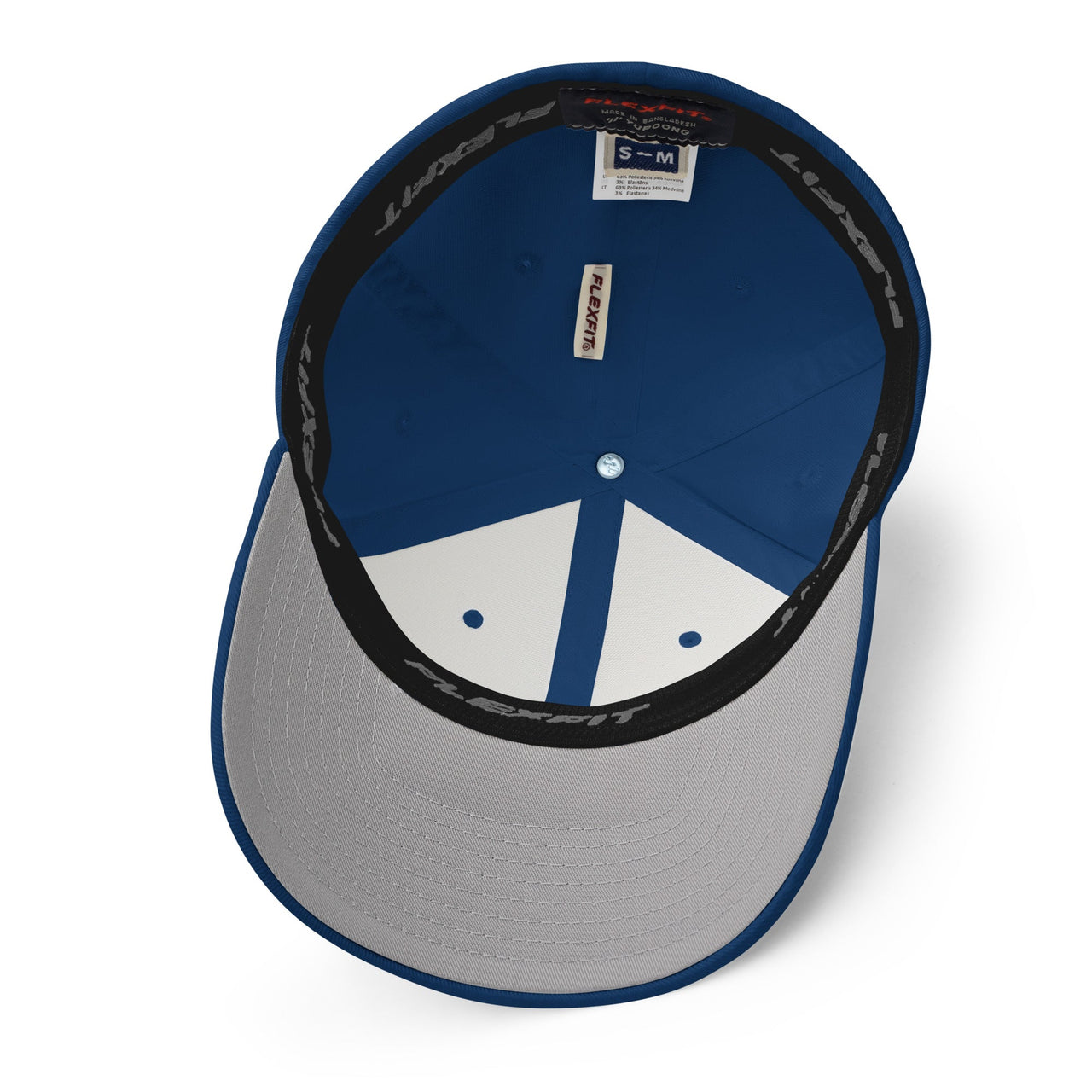 underside of royal blue flexfit hat