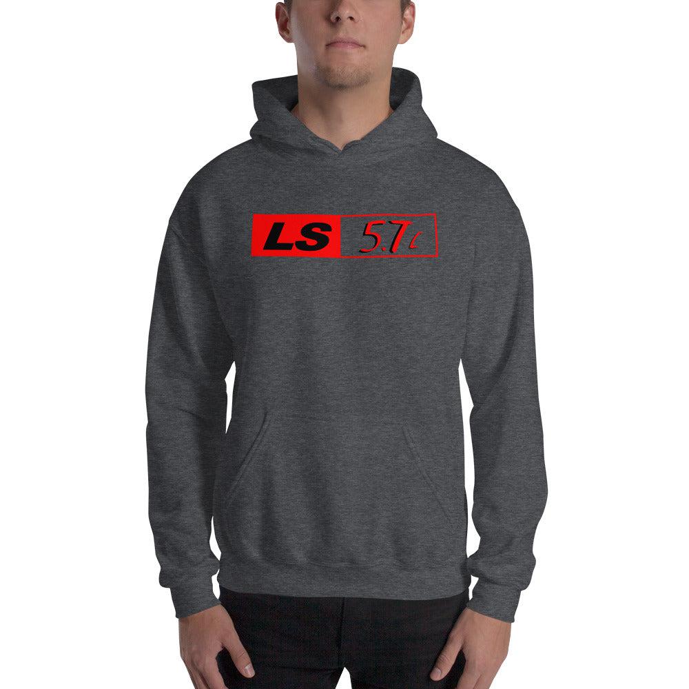 man modeling LS 5.7 LS1 Engine Hoodie Sweatshirt - dark heather