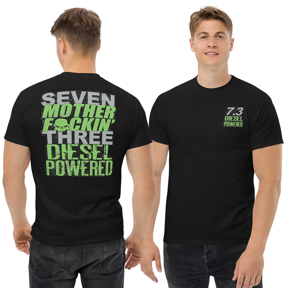 man modeling 7.3 Powerstroke T-Shirt Seven MF'N Three Diesel Powered - in black