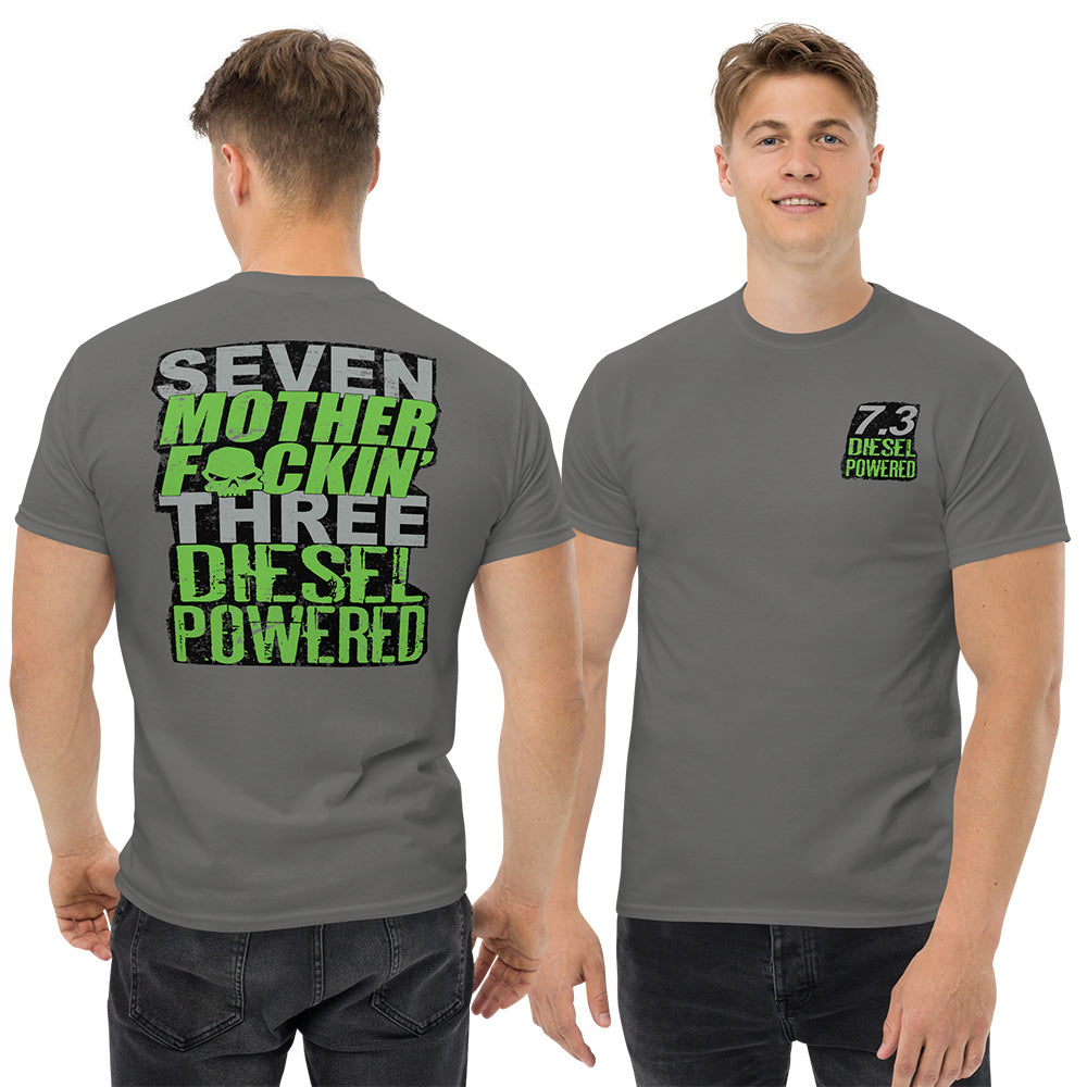man modeling 7.3 Powerstroke T-Shirt Seven MF'N Three Diesel Powered - in charcoal