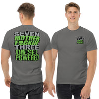 Thumbnail for man modeling 7.3 Powerstroke T-Shirt Seven MF'N Three Diesel Powered - in charcoal