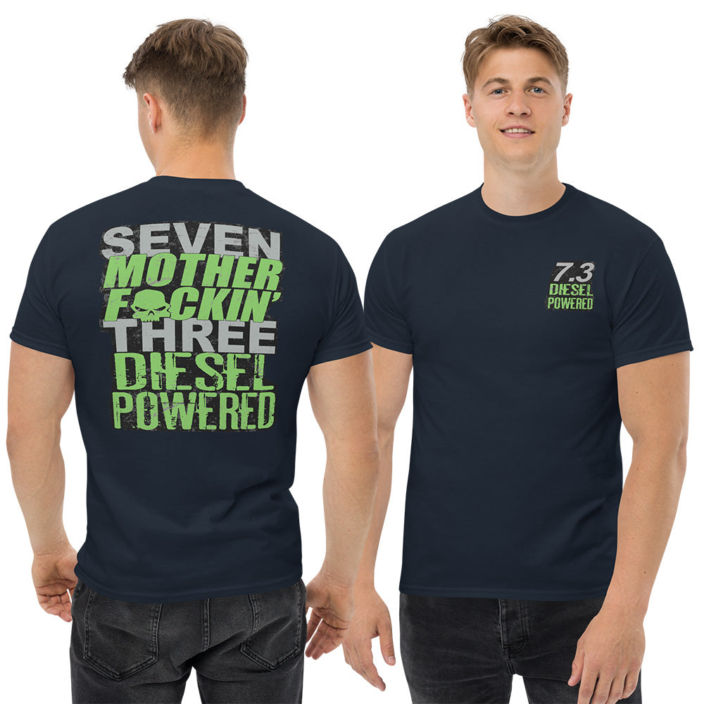 man modeling 7.3 Powerstroke T-Shirt Seven MF'N Three Diesel Powered - in navy