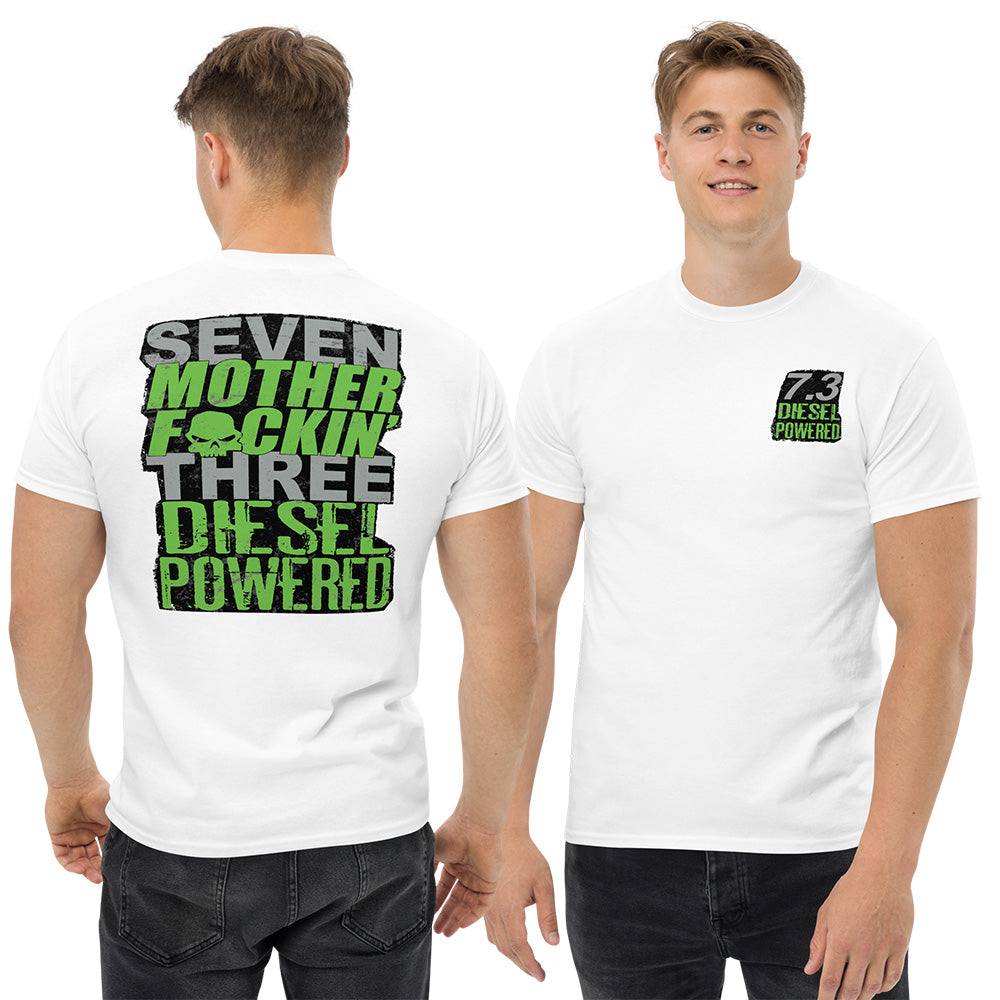 man modeling 7.3 Powerstroke T-Shirt Seven MF'N Three Diesel Powered - in white