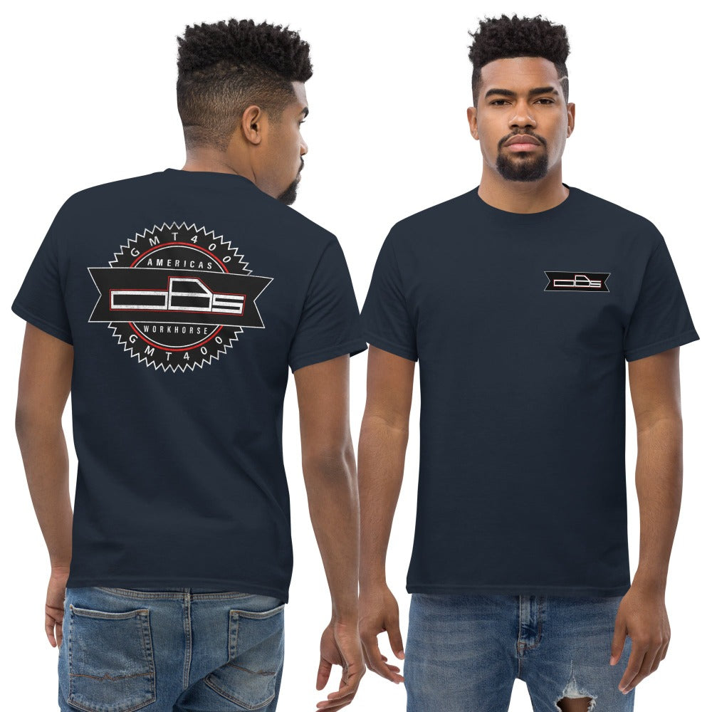 man modeling OBS GMT400 GMC T-Shirt in navy