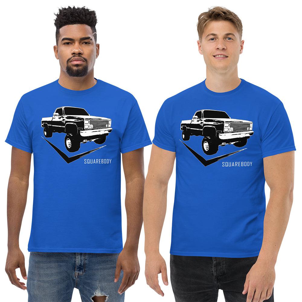 men modeling Square Body Truck T-Shirt in royal blue
