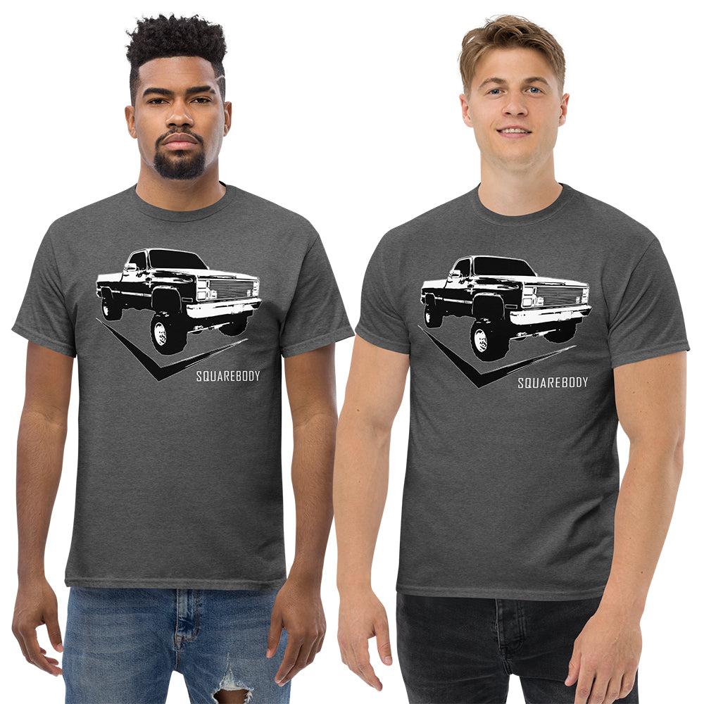 men modeling Square Body Truck T-Shirt in dark heather grey