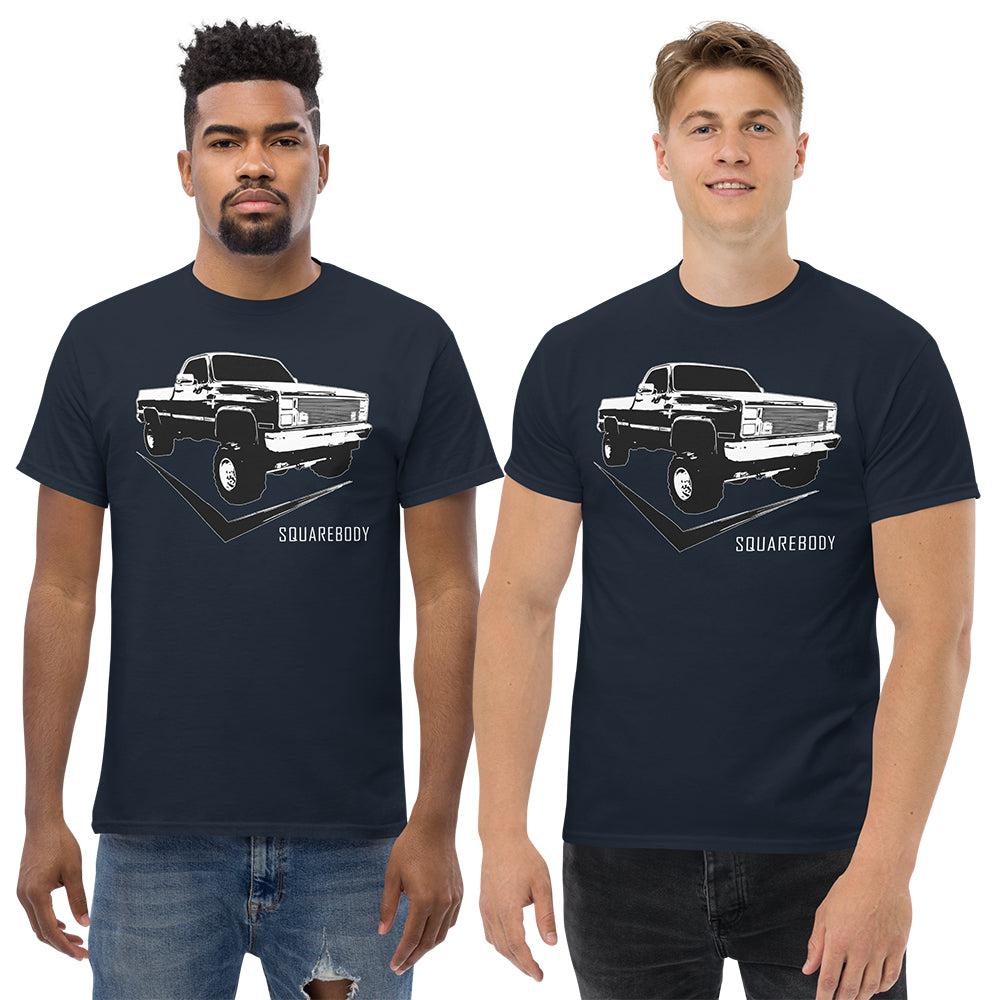 men modeling Square Body Truck T-Shirt in navy
